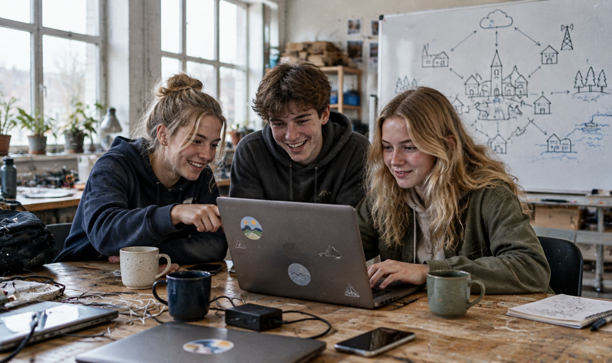 Tre tonåringar skrattar och jobbar tillsammans vid en laptop