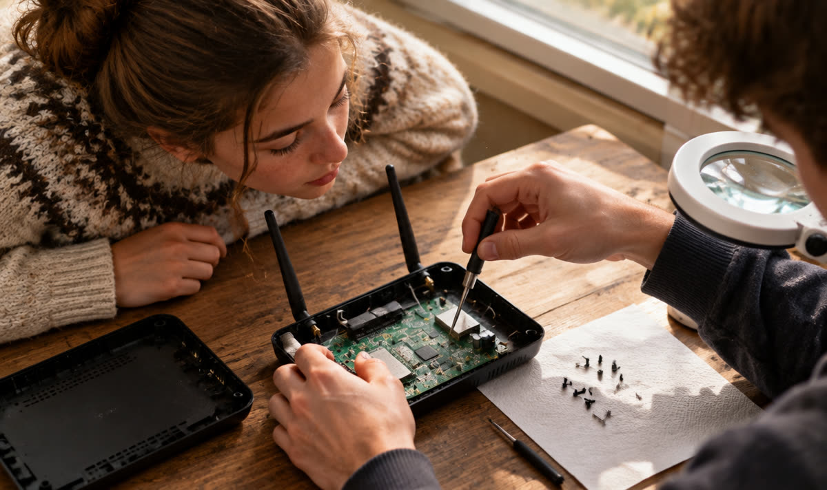 Två tonåringar skruvar isär en wifi-router vid ett fönster